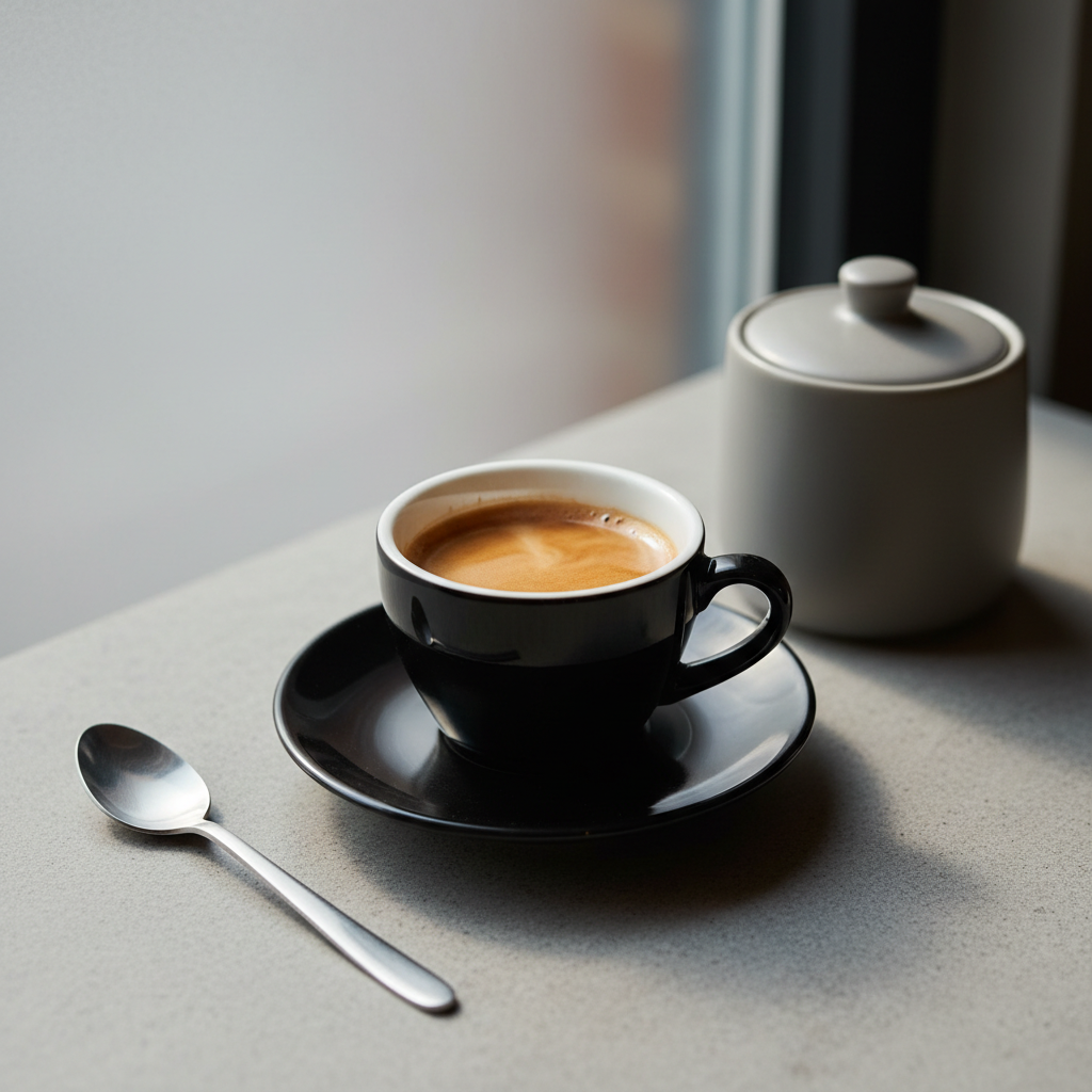 A refined cafe espresso setup, featuring a glossy, jet-black demitasse cup and matching saucer, holding rich, dark espresso adorned with delicate crema. The cup rests on a lightly textured stone tabletop, with a muted grey sugar pot and a slim, minimalist silver spoon placed nearby. The composition sits near a frosted glass window, where soft, diffused daylight imparts gentle highlights and subtle shadows, enhancing the tactile qualities of the surfaces. Captured from a close, slightly overhead perspective, the image maintains a sharp focus on the espresso and its immediate surroundings, while the background recedes into a blurred, soft palette. The effect is serene, chic, and understatedly luxurious, perfectly suited to the restaurant’s ambiance.
