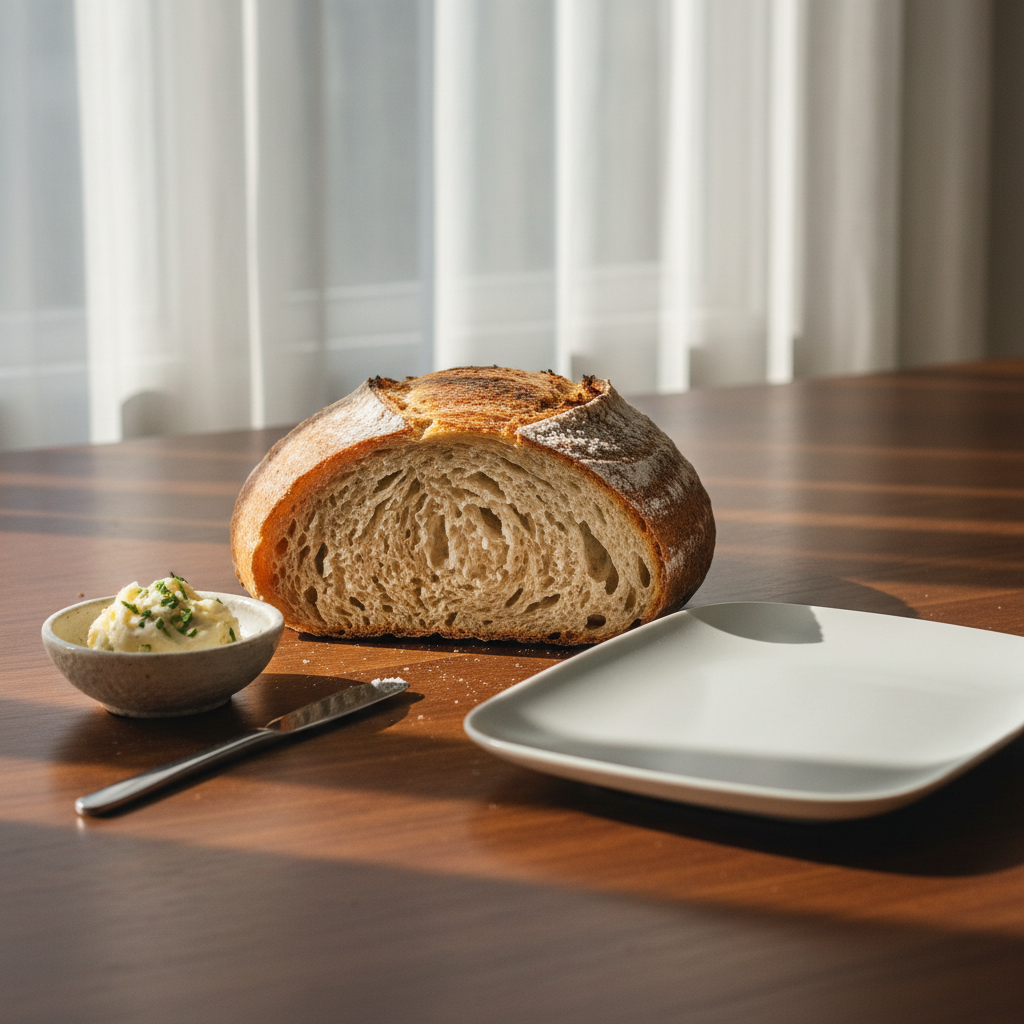 A neatly arranged still life on a polished wooden counter: freshly baked artisanal bread with a crisp, golden crust and airy interior, accompanied by a small ceramic dish of pale herb-infused butter and a matte white porcelain plate. The counter is set near a sunlit window with sheer curtains, allowing soft natural light to spill across the surface and create subtle gradients and shadows. Shot from a low angle, the image emphasizes the texture of the bread and the refined simplicity of its presentation. The mood is calm and welcoming, ideal for conveying the restaurant’s elegant, unpretentious approach to lunch. The overall aesthetic is minimalist and sophisticated, with photorealistic clarity and a muted color scheme.