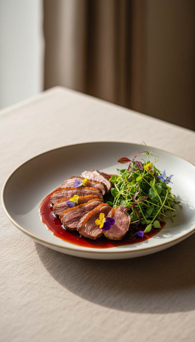An elegantly plated dish of French-inspired creative cuisine, featuring delicately arranged seared duck breast with a glossy red wine reduction, microgreens, and a subtle sprinkle of edible flowers. The plate is a matte, off-white ceramic with a gentle rim, placed on a soft linen tablecloth in muted beige. Soft midday light pours in through a nearby window, casting gentle highlights on the dish and creating refined, understated shadows. The composition is shot from a slightly elevated angle using a shallow depth of field, allowing the vibrant but subdued colors of the food to stand out against a blurred, minimalist background. The overall mood is sophisticated yet welcoming, embodying a refined, minimalist photographic realism that aligns with the restaurant’s homey elegance.