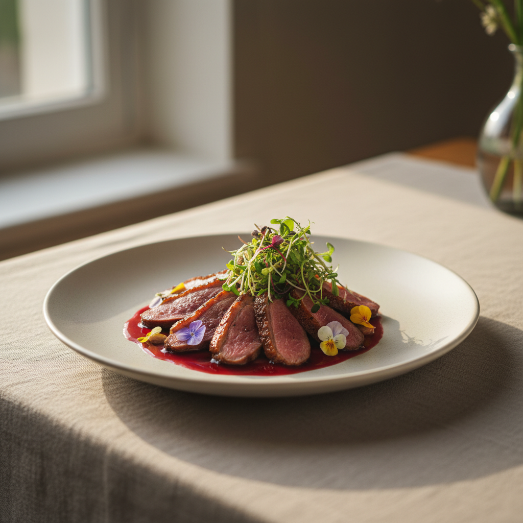 An elegantly plated dish of French-inspired creative cuisine, featuring delicately arranged seared duck breast with a glossy red wine reduction, microgreens, and a subtle sprinkle of edible flowers. The plate is a matte, off-white ceramic with a gentle rim, placed on a soft linen tablecloth in muted beige. Soft midday light pours in through a nearby window, casting gentle highlights on the dish and creating refined, understated shadows. The composition is shot from a slightly elevated angle using a shallow depth of field, allowing the vibrant but subdued colors of the food to stand out against a blurred, minimalist background. The overall mood is sophisticated yet welcoming, embodying a refined, minimalist photographic realism that aligns with the restaurant’s homey elegance.