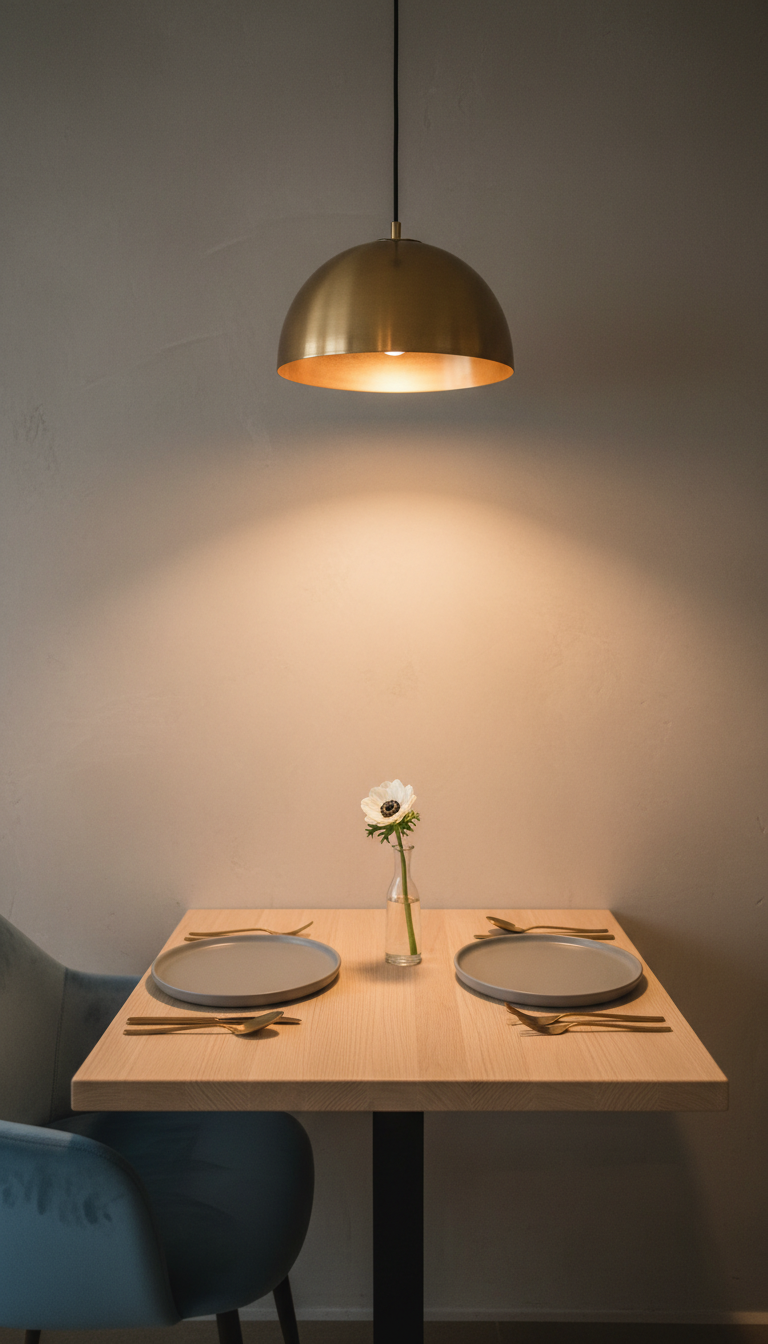 A minimalistic restaurant interior showcasing a small, square wooden table set for two, featuring elegant stoneware plates, muted gold cutlery, and a petite bud vase with a single understated white bloom. The table is positioned near a softly textured wall in a subtle warm grey, and a muted blue velvet chair adds a touch of luxury. Ambient, warm pendant lighting overhead casts a subdued glow, creating gentle highlights and soft shadows on the tabletop. Captured from a wide, slightly angled perspective, the composition balances negative space with refined details, yielding an inviting, sophisticated atmosphere. The style is photographic realism with a subdued, modern palette, encapsulating the restaurant’s chic, homely vibe.